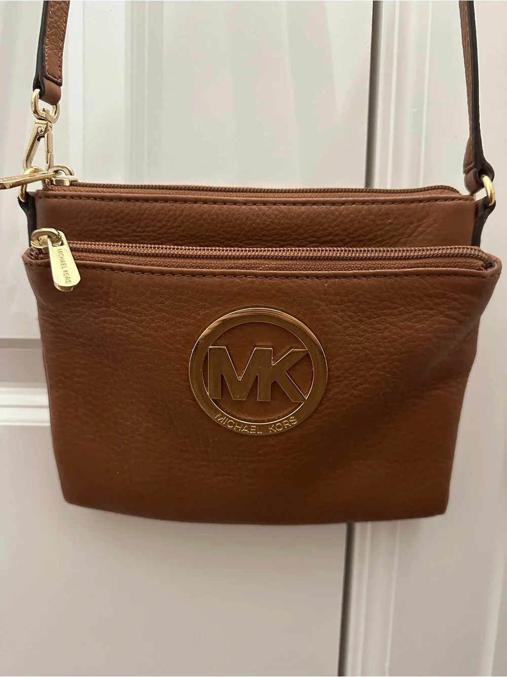 Vintage Michael Kors Tan Pebble Leather MK Circle Logo Crossbody